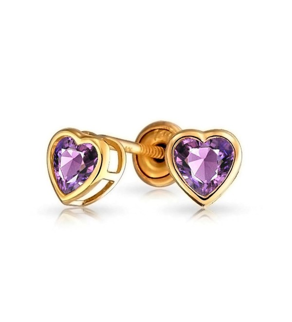 Bling Jewelry Simulated Amethyst February Birthstone CZ Heart Baby Safety Stud earrings 14k Gold 4mm - CE11ESOBNOX