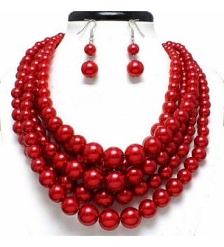 Statement Beaded Layered Strands Glitter Red Simulated-Pearl Bead Silver Chain Necklace Earring Set Gift - CP12EZIFOG9