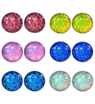 LilMents 6 Pairs of Glitter Sparkle Stainless Steel Stud Earrings (Red Yellow Pink Blues White) - CE1253YPB49