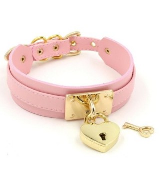 Handmade Heart Lock Thick Faux Leather Cosplay Choker Collar Necklace - Pink with gold alloy - CR12N11CBJO