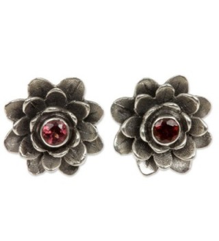 NOVICA Garnet .925 Sterling Silver Flower Button Earrings 'Red-Eyed Lotus' - CB11123OW5F