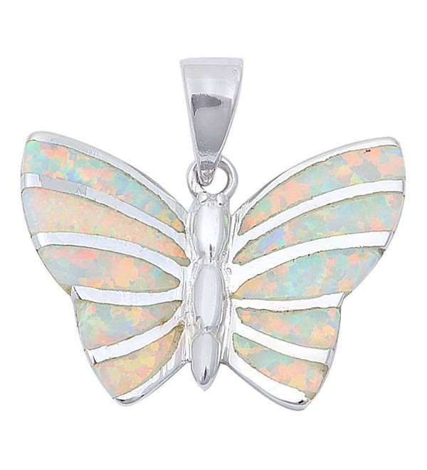 Lab Created Opal Butterfly .925 Sterling Silver Pendant Necklace .75" long - Lab Created White Opal - CE11OH4CFFP