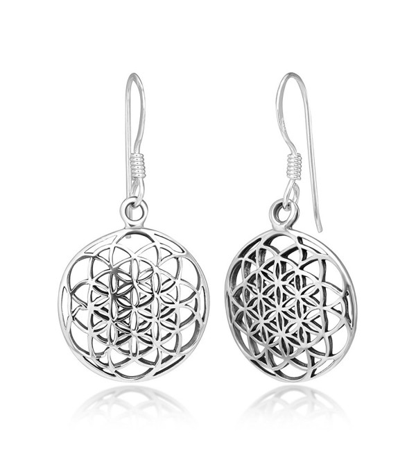 925 Sterling Silver Filigree Flower of Life Mandala Cut Open Round Dangle Hook Earrings- 33 mm - C011ASVJKIZ