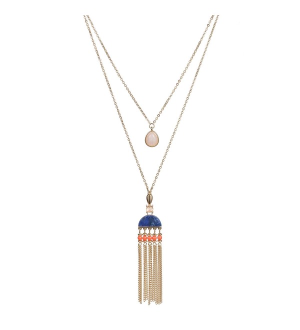 Fettero Long Gold Tassel Necklace 14K Pendant Bohe Handmade Jewelry Natural Stone Y Chain - Blue Stone - CE187YZUK9I