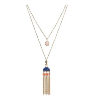 Fettero Long Gold Tassel Necklace 14K Pendant Bohe Handmade Jewelry Natural Stone Y Chain - Blue Stone - CE187YZUK9I