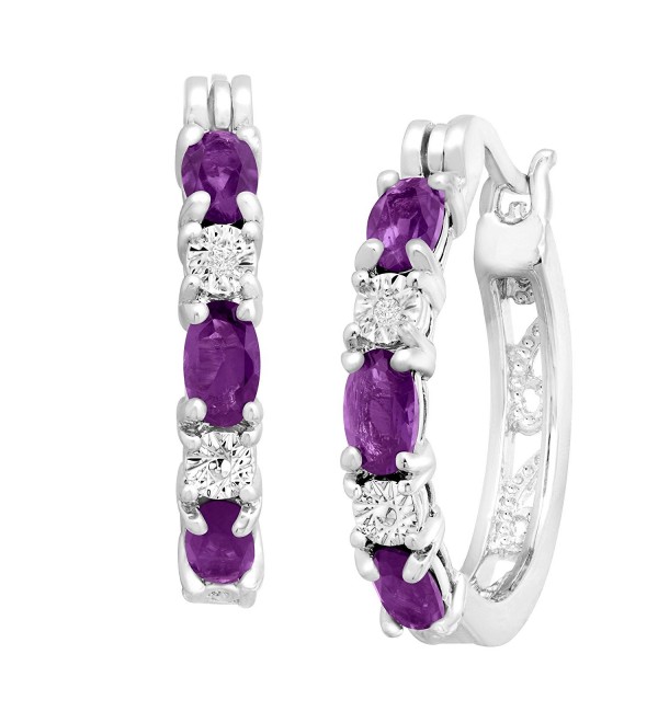 Platinum-Plated Brass 1 3/8 ct Natural Amethyst Hoop Earrings with Diamonds- .875" - CY128FHBCWB