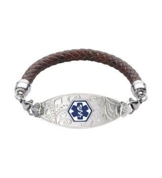 Divoti Custom Engraved Lovely Filigree Medical Alert Bracelet -Brown Braided Leather Chain -Deep Blue - C612MXCXVQG