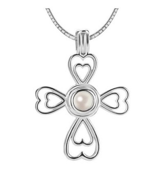 Women 925 Sterling Silver Cross Locket Pendant Necklace with Round Akoya Cultured Pearl 6-7mm - CZ120PH8547
