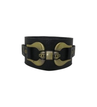 Black Leather Gold Tone Horseshoe Buckle Adjustable Cuff Bracelet - C911YL7JD3F