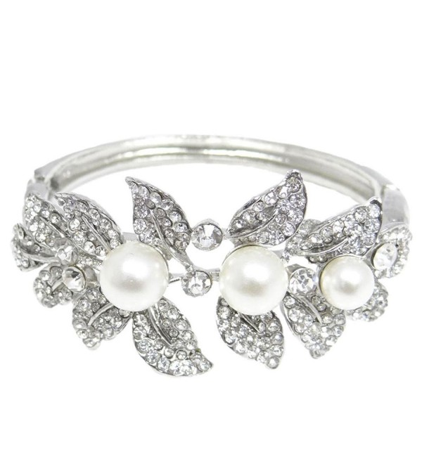 EVER FAITH Bridal Silver-Tone Flower Leaf Simulated Pearl Clear Austrian Crystal Bracelet - C911DSBXCDH