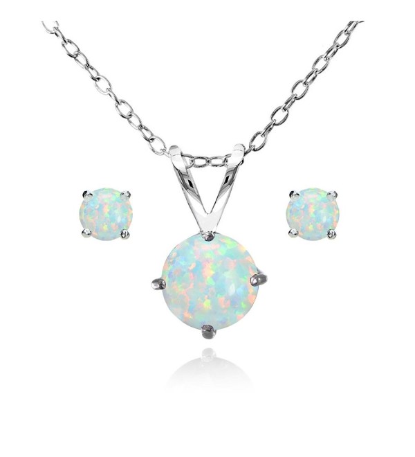 Sterling Silver Simulated White Opal Round Solitaire Necklace and Stud Earrings Set - Simulated White Opal - CP12G0EGA4P