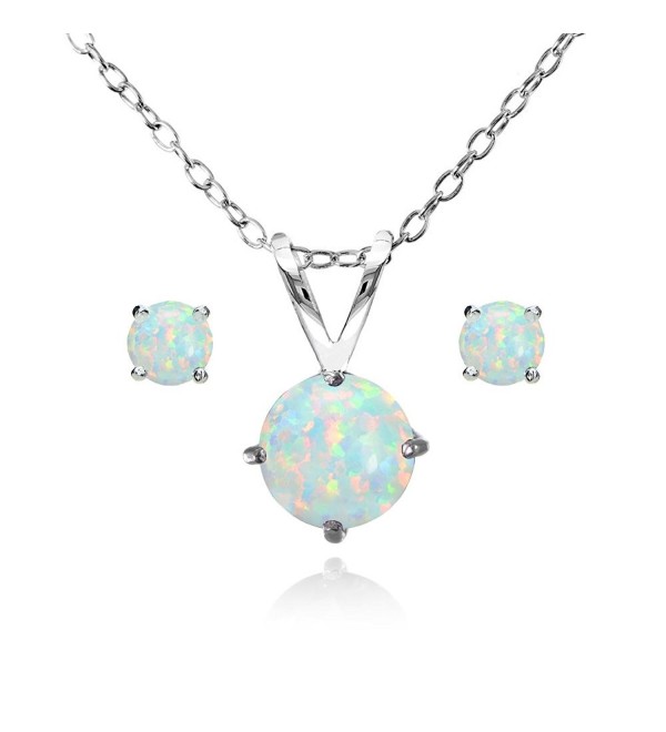 Sterling Silver Simulated White Opal Round Solitaire Necklace and Stud Earrings Set - Simulated White Opal - CP12G0EGA4P