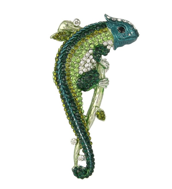 EVER FAITH Women's Austrian Crystal Enamel Animal Long Tail Chameleon Brooch - Green Gold-Tone - CH11F6TEL1L