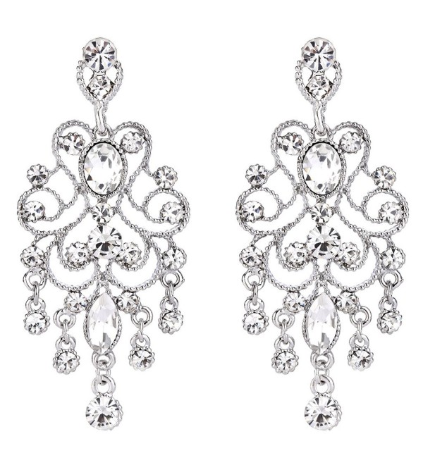 BriLove Women's Vintaged Style Bridal Crystal Drop Hollow Chandelier Filigree Dangle Earrings - Clear Silver-Tone - C411S4TQDJX