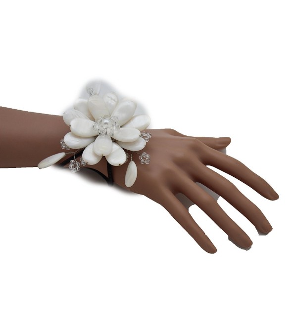TFJ Women Fashion Jewelry Hand Elastic Metal Cuff Bracelet Slave Big Flower Charm White - CF12EA4BDM1