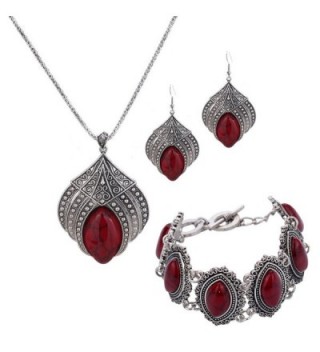 YAZILIND Jewelry Sets Silver Plated Retro Turquoise Claw Flower Pendant Necklace Drop Earrings Bracelet - Red - CK12FMI9L79