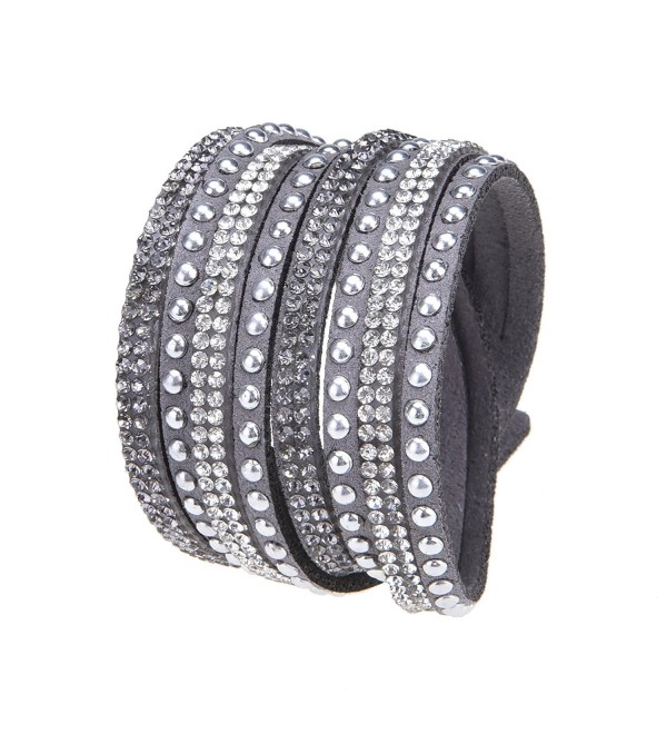 Slake Style Crystal encrusted Layered Rhinestone Rivet Wrap Bracelet Light Gray - Gray - CY182IEYCRX