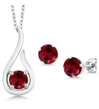 1.80 Ct Round Red Created Ruby 925 Sterling Silver Pendant Earrings Set With Chain - C811VHJ2GUR