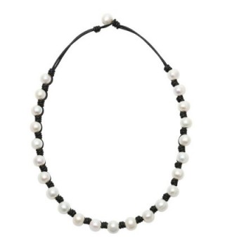 PearlyPearls Freshwater Cultured Pearl Choker Necklace with White Pearls Bead on Leather Cord Choker for Women - C312HS0H5I1