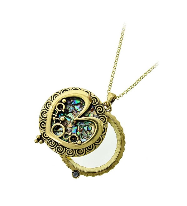 Antiqued Gold and Abalone Heart Magnifying Glass Necklace - CZ189QZW6AL