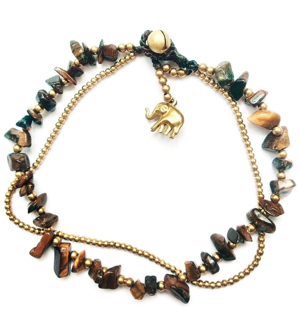 Bijoux De Ja Handmade Brown Jasper Stone Elephant Charm Brass Beads Anklet Bracelet 10 Inches - CQ11HB847L9