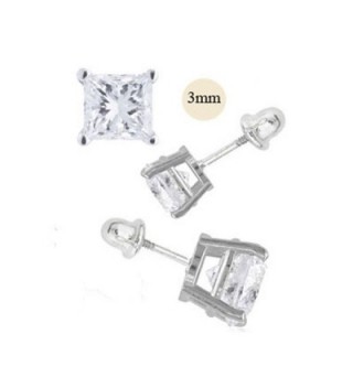 14K White Gold 3mm Princess Cut Simulated Diamond Stud Earring Set on Prong Setting- Screw Back Post - CQ11ZZF7429