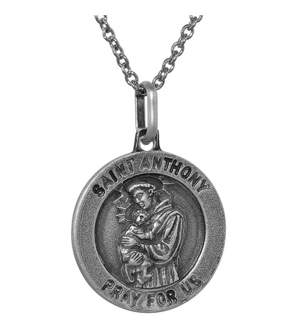 Sterling Silver St Anthony Medal necklace 3/4 inch Round Antiqued Finish Italy 0.8mm Chain - C81114130FN