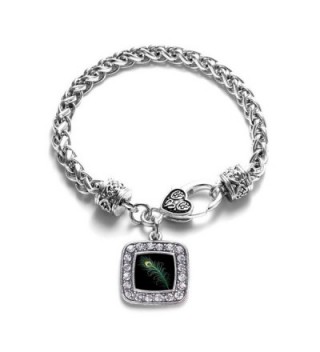 Peacock Feather Classic Silver Plated Square Crystal Charm Bracelet - CX11U7NYNFZ