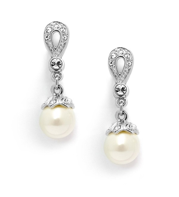 Mariell Vintage CZ and Ivory Pearl Drop Clip On Wedding Earrings for Brides - Genuine Platinum Plated - CU12J5IOA45