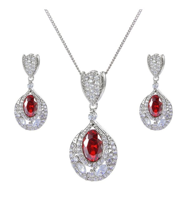 EVER FAITH Silver-Tone CZ Wedding Flower Bud Tear Drop Pendant Necklace Earrings Set Red Ruby-Color - CT129IW0PMZ