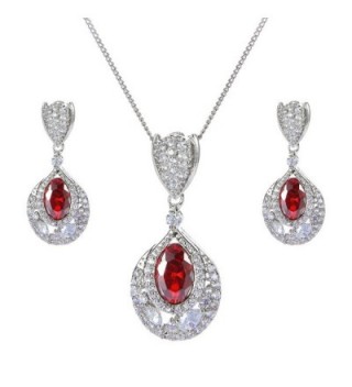 EVER FAITH Silver-Tone CZ Wedding Flower Bud Tear Drop Pendant Necklace Earrings Set Red Ruby-Color - CT129IW0PMZ