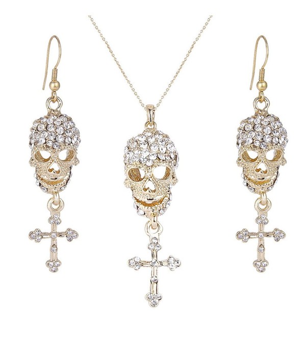 EVER FAITH Halloween Skull Cross Necklace Earrings Set Austrian Crystal - Gold-tone-clear - CU11BGDNU13