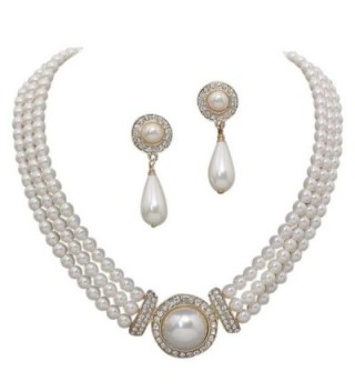 Elegant 3 Strand Cream Ivory Pearl on Gold Tone Drop Bridal Necklace Earring Set X3 - C211G3QQAP5