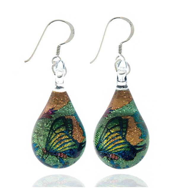 925 Sterling Silver Hand Blown Murano Glass Glitter Butterfly Wings Garden Dangle Earrings - C311TGX1PDP