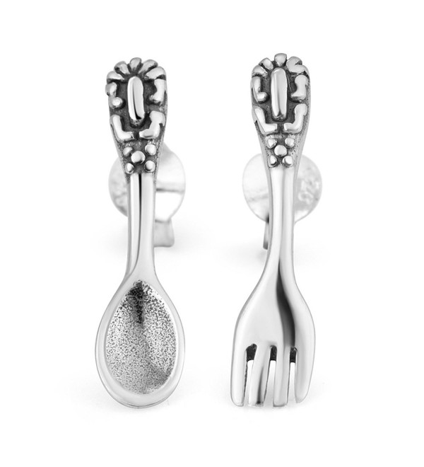 925 Oxidized Sterling Silver Vintage Tiny Little Spoon and Fork Post Stud Earrings 19 mm - CY12NVUU3KI
