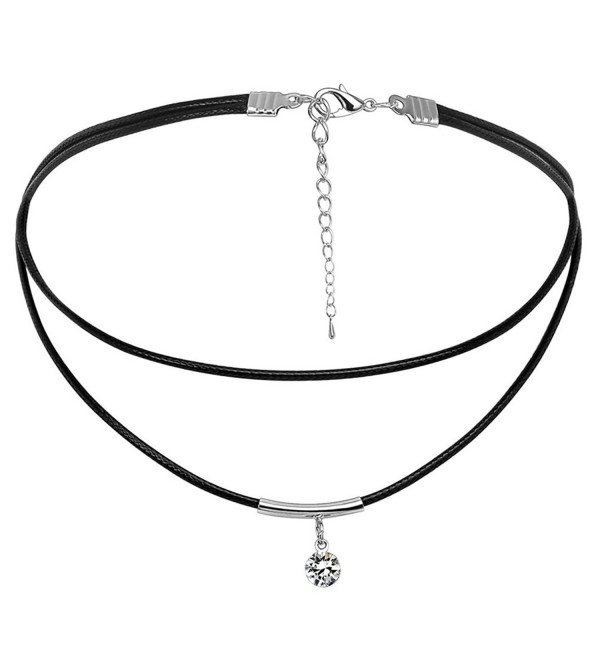 Bishilin Braided Black Leather Cord Women Choker Layered Necklace with Zirconia - C912NUPF7UC