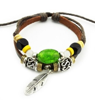 Real Spark(TM) Men Women Handmade Tribal Green Beads Feather Charms Leather Wrap Bracelet - CD127YTXU4T