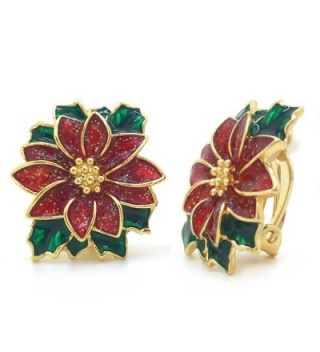 Poinsettia Clip On Earrings Christmas Flower Red Green Enamel Gold Plated Women Fashion - CS12O9QOYEG