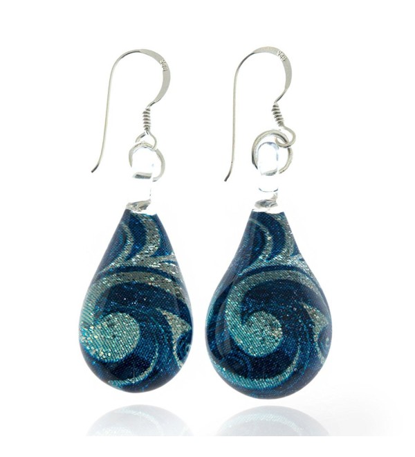 925 Sterling Silver Hand Blown Murano Glass Blue Sea Wave Silver Glitter Dangle Earrings - CI11TGX1WHT