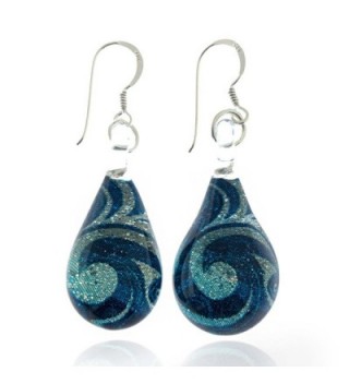 925 Sterling Silver Hand Blown Murano Glass Blue Sea Wave Silver Glitter Dangle Earrings - CI11TGX1WHT