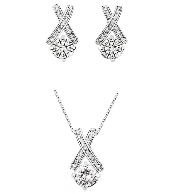 18k White Gold Plated X Crossing Pendant Necklace and Stud Earrings Jewelry Set for Women Teen Girls - CE12NA6SKKI