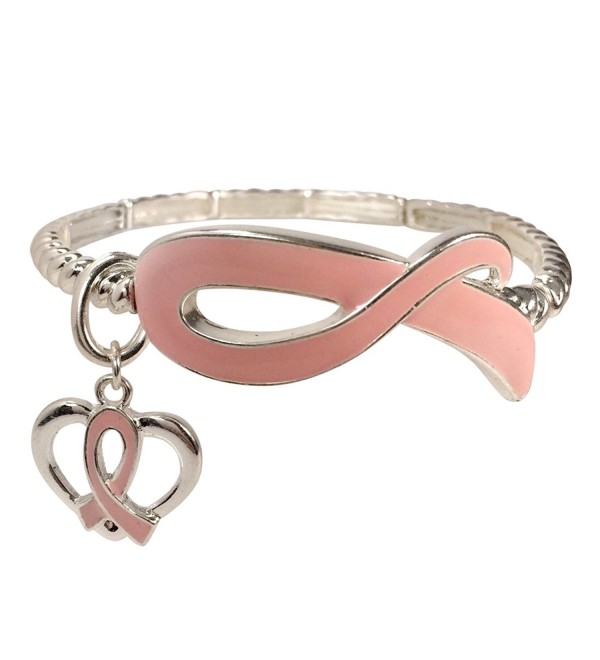 Breast Cancer Awareness with Pink Ribbon Charm Silver Tone Stretch Bracelet - C912LFHJIX3