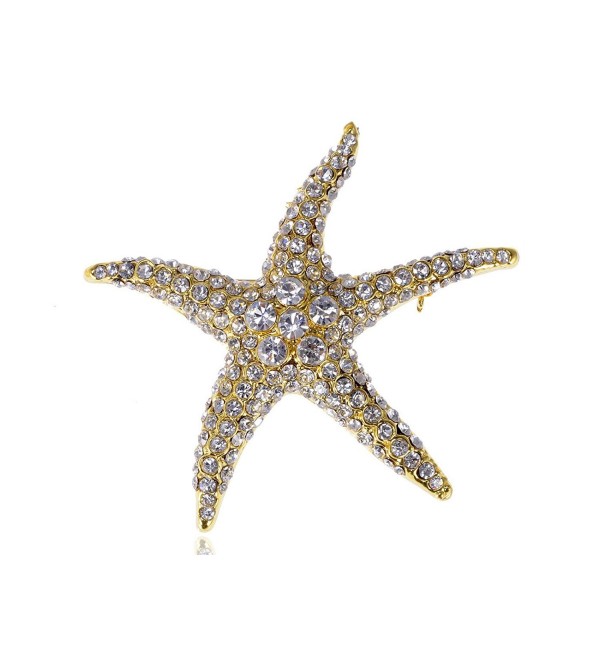 Alilang Golden Tone Clear Crystal Colored Rhinestones Nautical Sea Star Fish Brooch Pin - CA116E0XA85