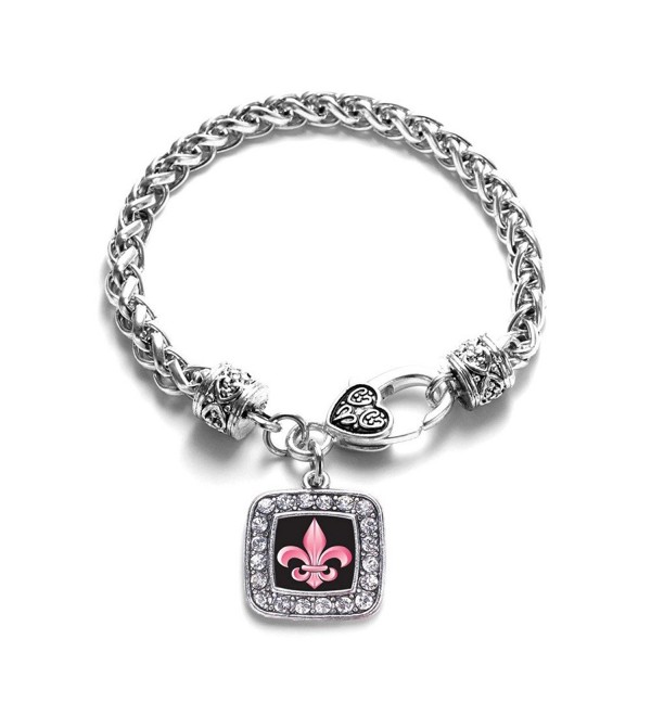 Fleur De Lis Lily Flower French New Orleans Classic Silver Plated Square Crystal Charm Bracelet - C411MV402Y9