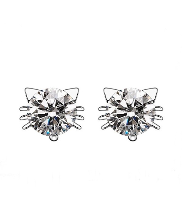 925 Sterling Silver imitation Diamond Crystal Inlaid Cat Stud Earrings (White) - CK11APFVQFJ