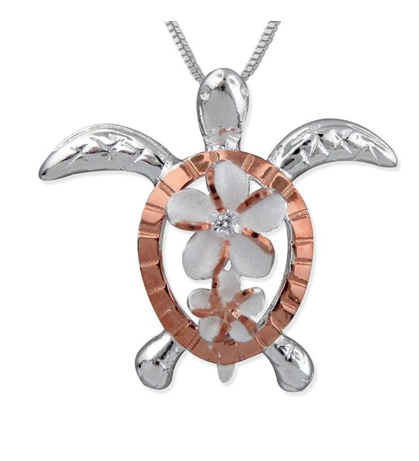 Sterling Silver with 14kt Rose Gold Plated Accents Turtle Plumeria Pendant Necklace- 16+2" Extender - CG11IP3KZFL