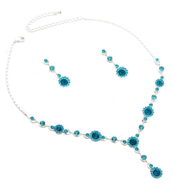 Silver Aqua Rhinestone Flower and Aqua Rhinestone T Necklace with Matching Dangle Earrings Set - CQ11G776THP