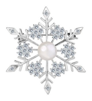 EVER FAITH Women's Prong CZ Simulated Pearl Winter Party Snowflake Flower Brooch Clear Silver-Tone - CV1882KI59D