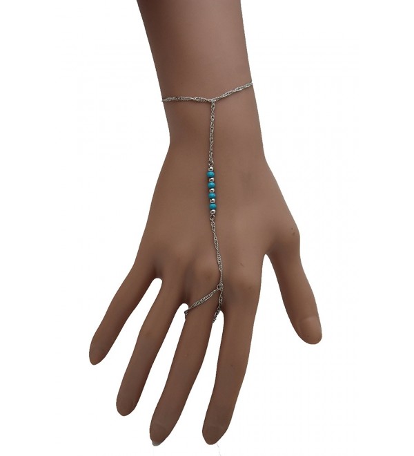 TFJ Women Fashion Jewelry Hand Chain Wrist Bracelet Blue Beads Bridal Classic Silver - CC12C6EHIRH