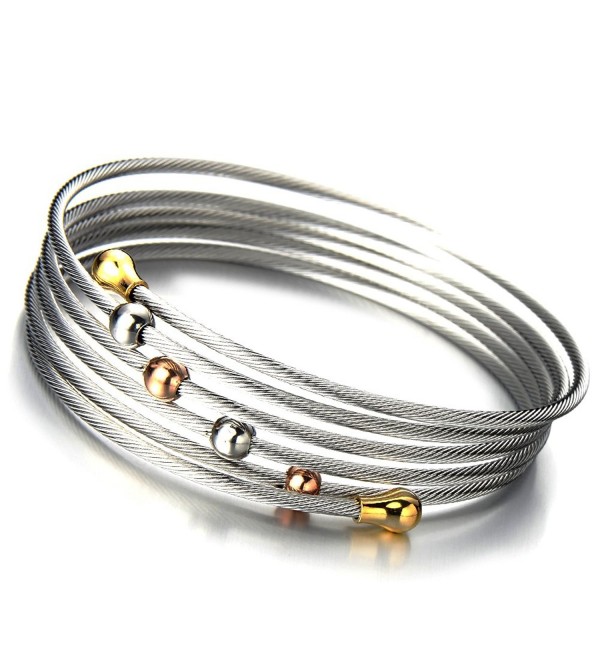 Elastic Adjustable Ladies Steel Twisted Cable Cuff Bangle Bracelet Elastic Multi-lap Silver Gold Two-tone - 1 - CU11NQKDUEV